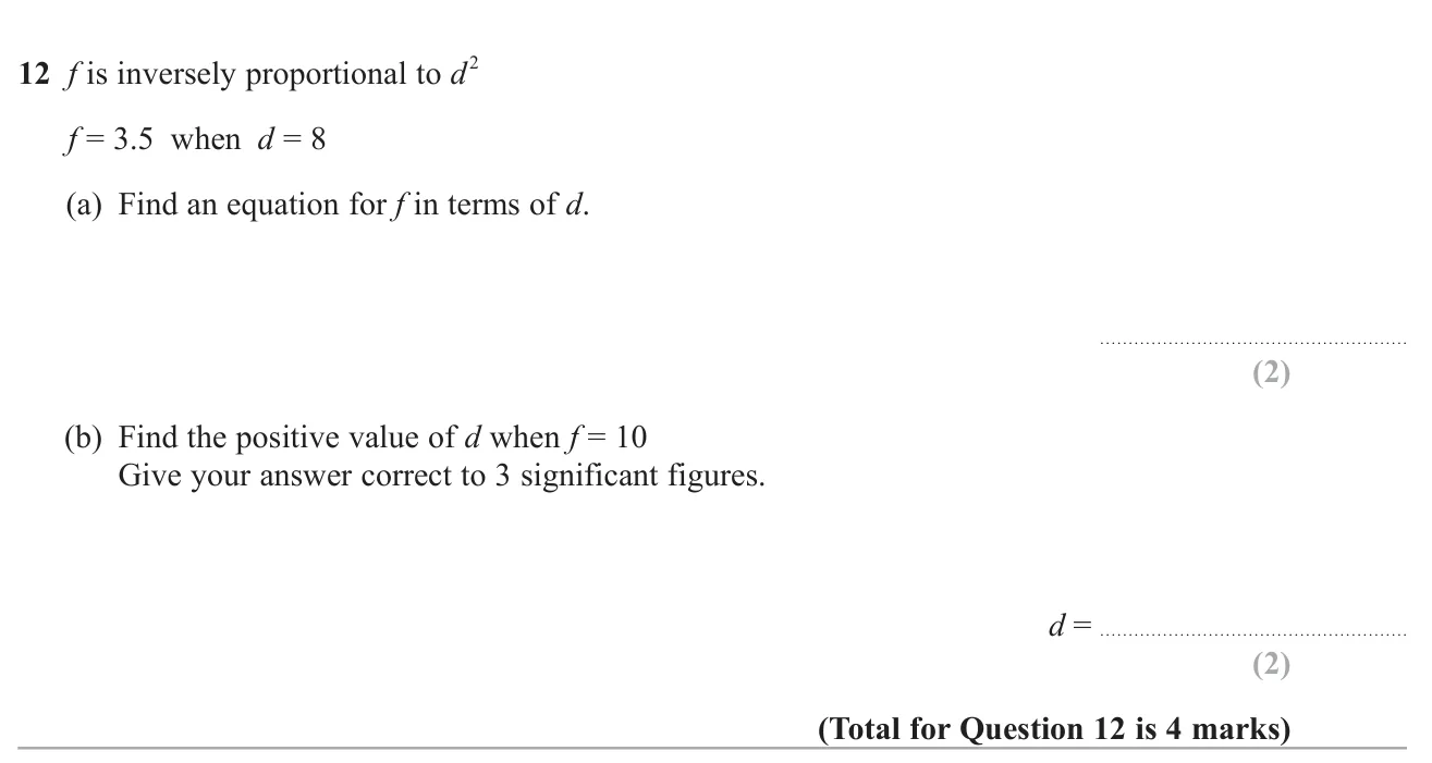 Find the equation for an inverse proportion to a square, then use it to find d for a given f.