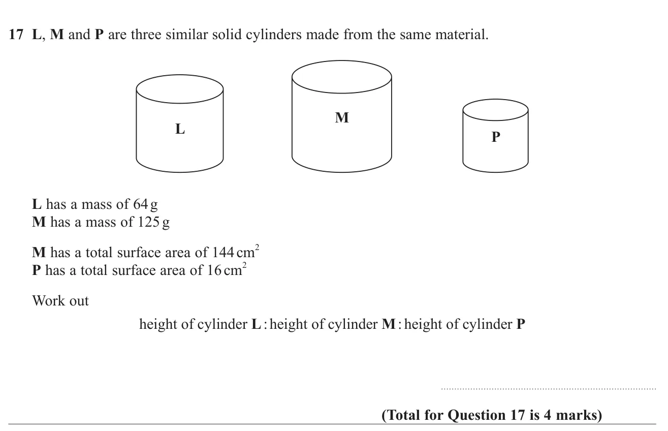 Use masses and surface areas of similar cylinders to find the ratio of their three heights.