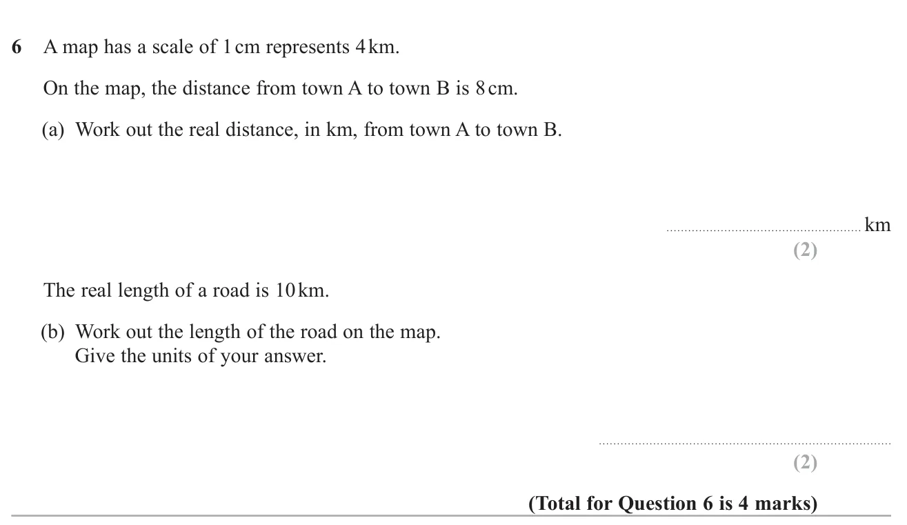 Use a map scale to find a real distance and a map length.
