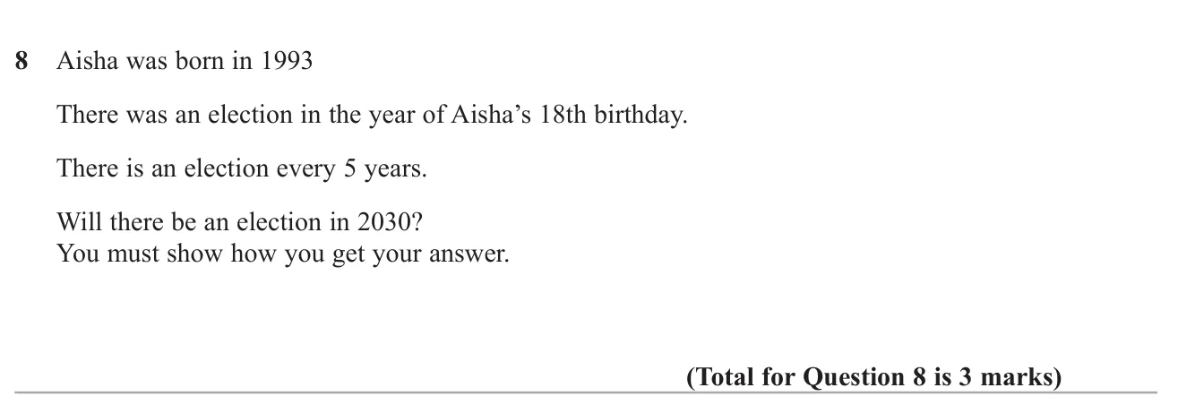 Decide whether an election falls in a given year using a repeating 5-year pattern starting from an 18th birthday.
