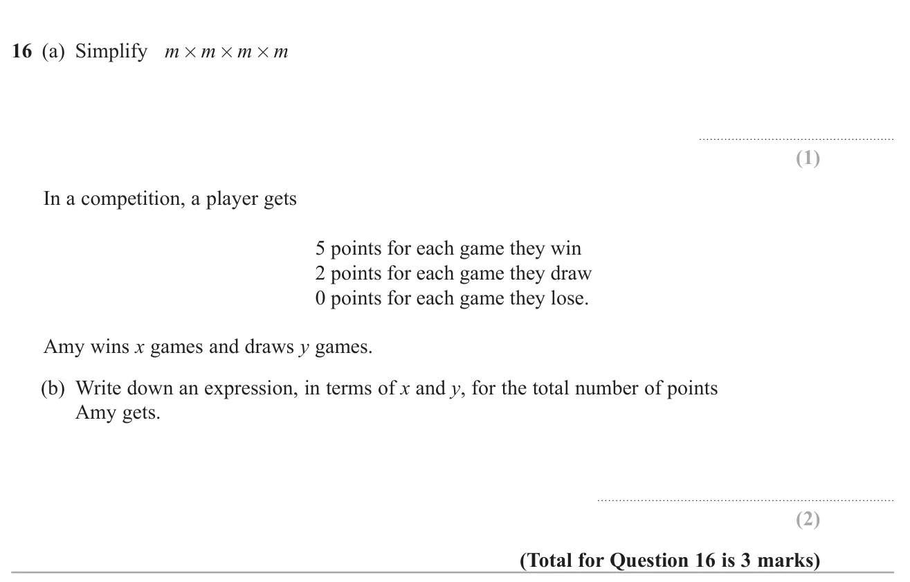 Simplify a repeated product using index notation and form an expression for total points.