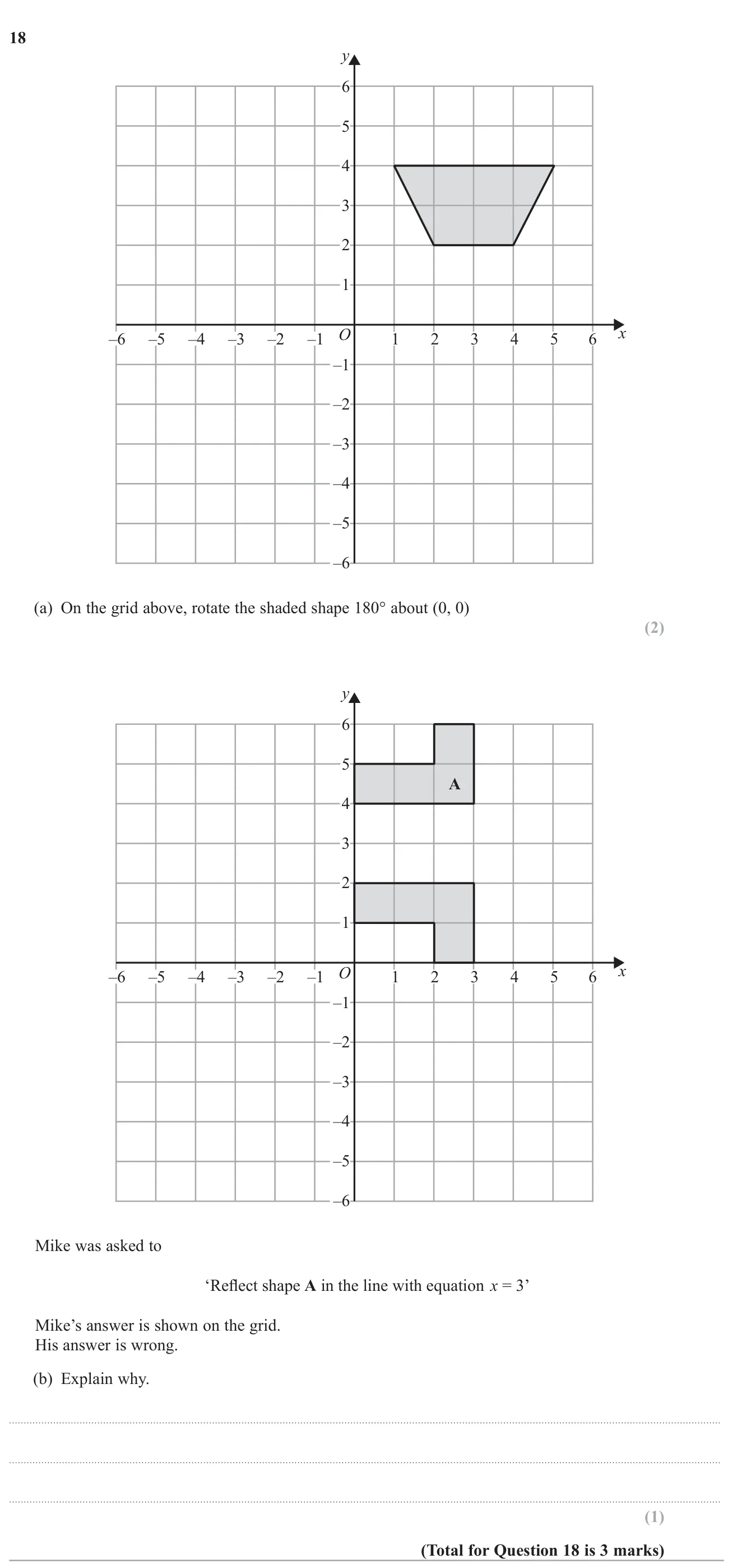 Rotate a shape 180° about the origin and explain why a reflection in x = 3 is wrong.