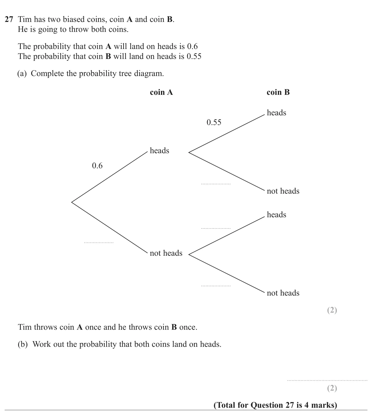 Complete a probability tree for two biased coins and find the probability both land heads.
