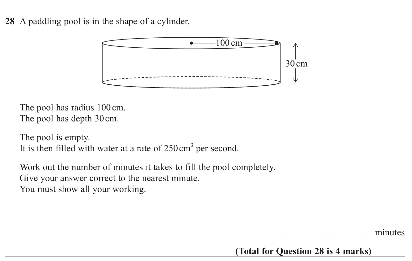 Find the volume of a cylindrical pool and how many minutes it takes to fill at a given rate.