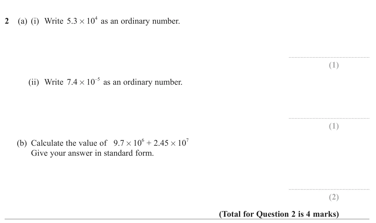 Convert between standard form and ordinary numbers, and add two numbers in standard form.