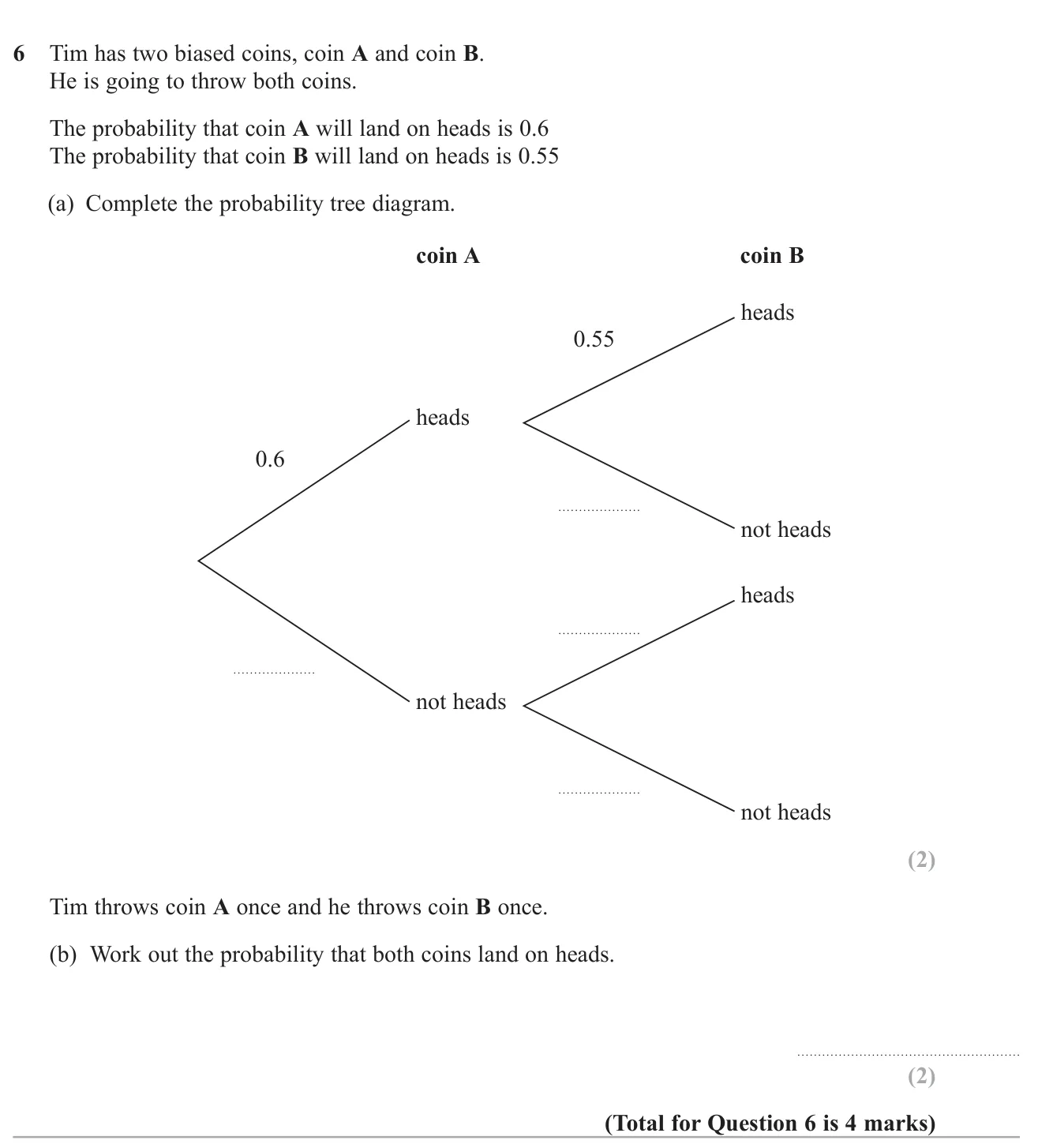 Complete a probability tree for two biased coins and find the probability both land heads.