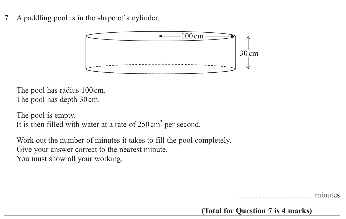 Find the volume of a cylindrical pool and how many minutes it takes to fill at a given rate.