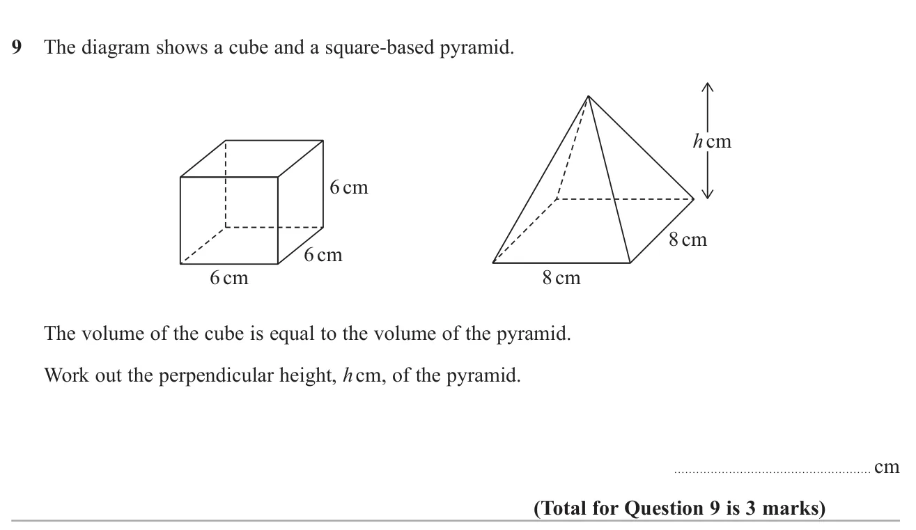 Find the height of a square-based pyramid whose volume equals that of a given cube.