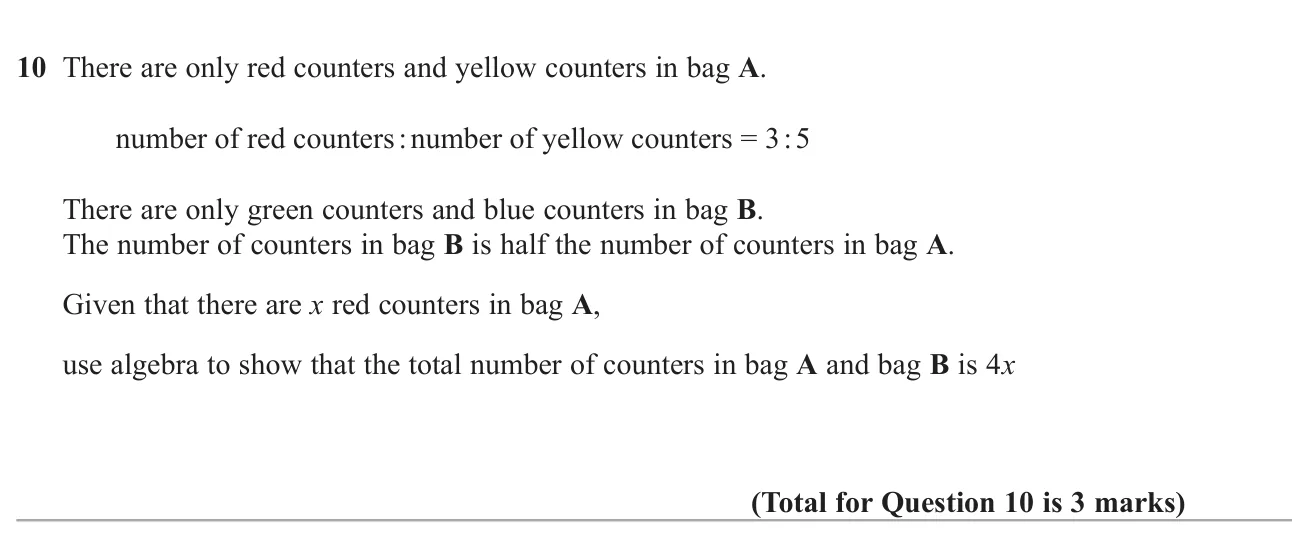 Use a ratio and algebra to show the total number of counters in two bags is 4x.