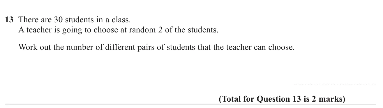 Count the number of different pairs that can be chosen from a group of 30 people.
