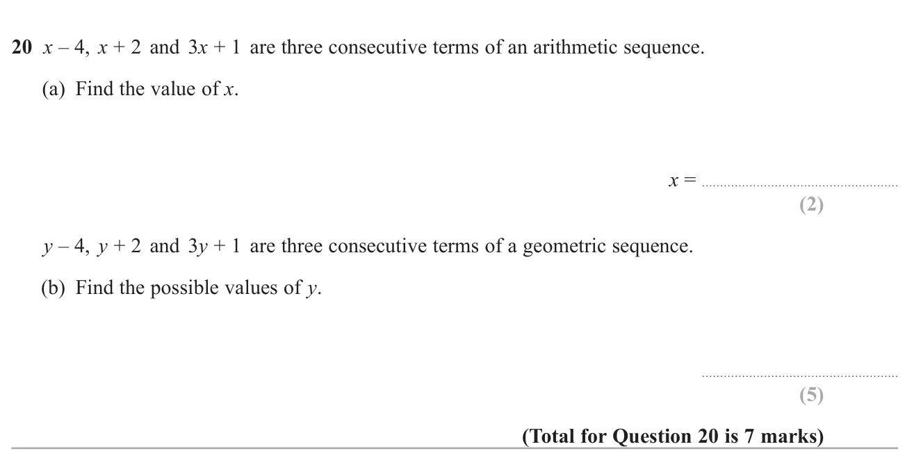 Find unknowns that make three expressions consecutive terms of an arithmetic and then a geometric sequence.