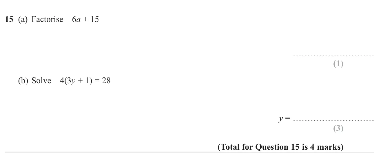 Factorise a linear expression and solve a linear equation with a bracket.