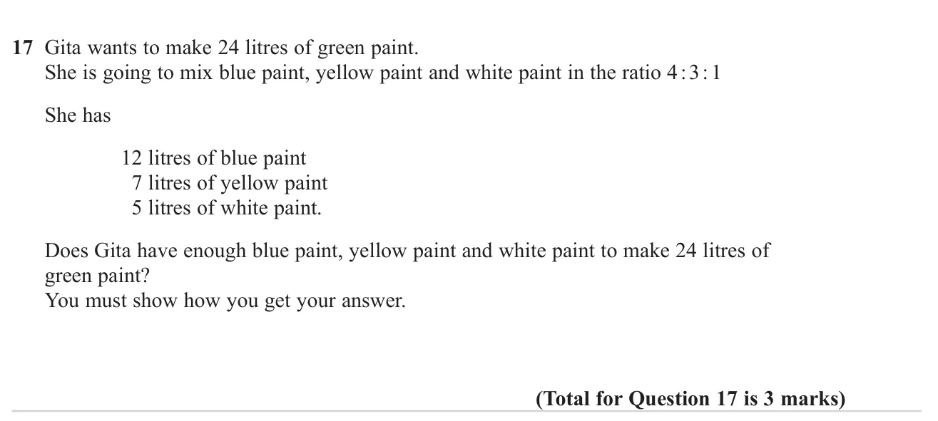 Decide whether the paint available is enough to make a mix in a three-part ratio.