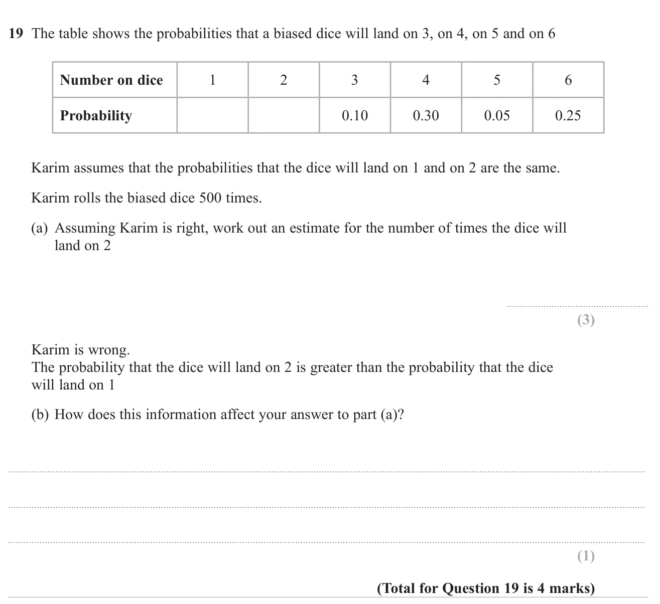 Use missing equal probabilities to estimate the number of times a biased dice lands on 2, then say how a change affects that estimate.