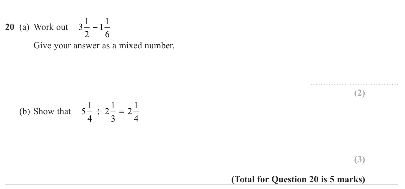 Subtract mixed numbers, then show a division of mixed numbers gives a stated result.
