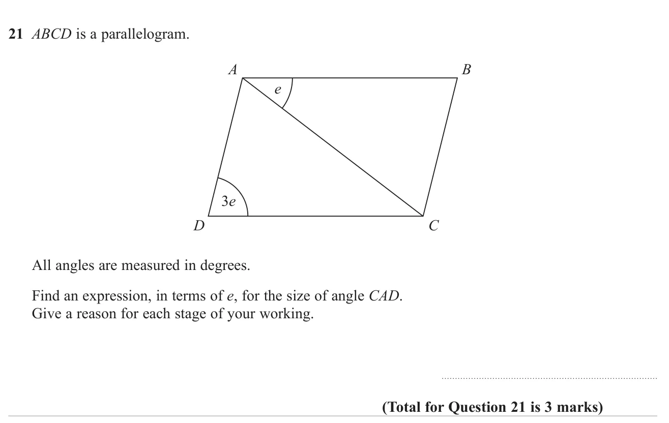 Find an expression for an angle in a parallelogram using parallel-line angle facts, with reasons.