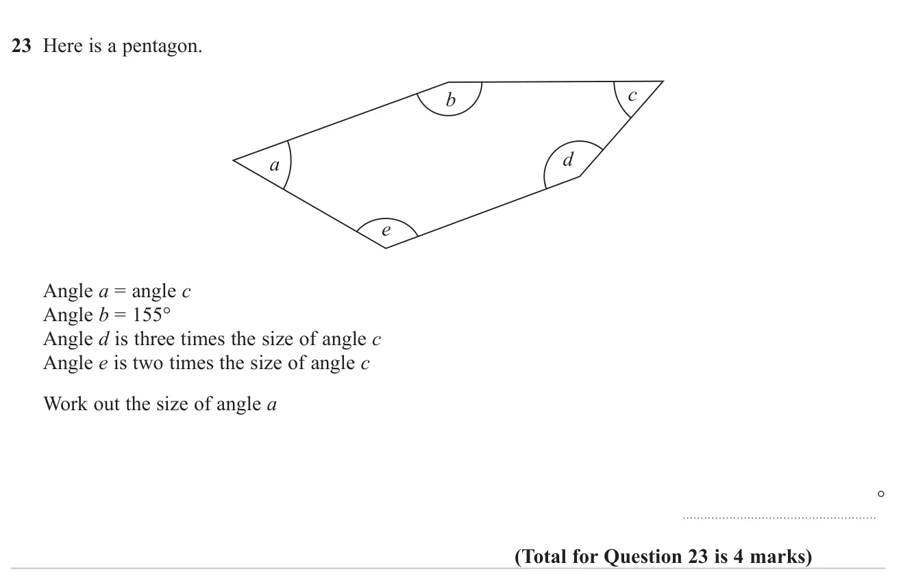 Use the angle sum of a pentagon with angles given in terms of one unknown to find that angle.