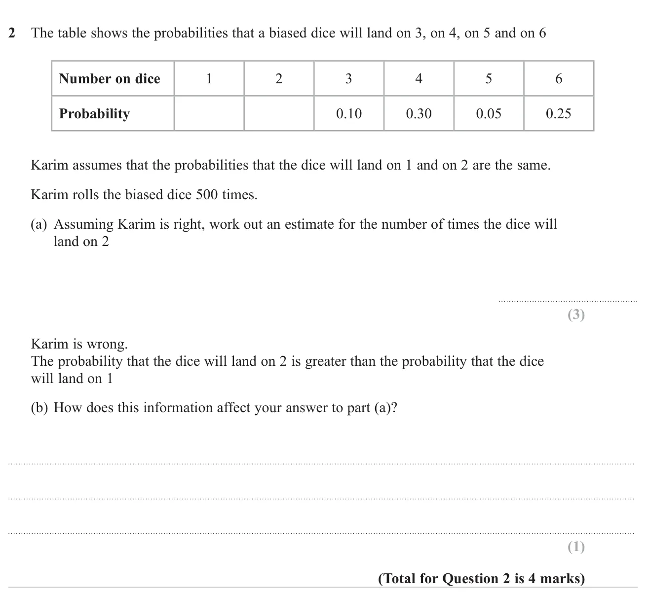 Use missing equal probabilities to estimate the number of times a biased dice lands on 2, then say how a change affects that estimate.