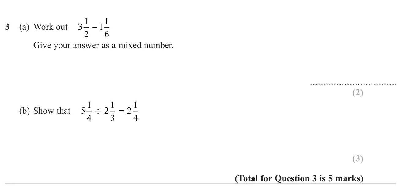 Subtract mixed numbers, then show a division of mixed numbers gives a stated result.