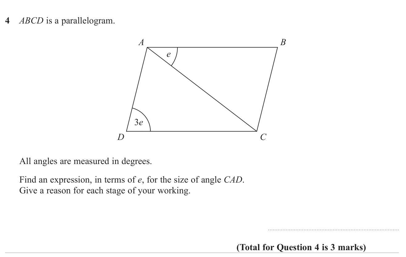 Find an expression for an angle in a parallelogram using parallel-line angle facts, with reasons.