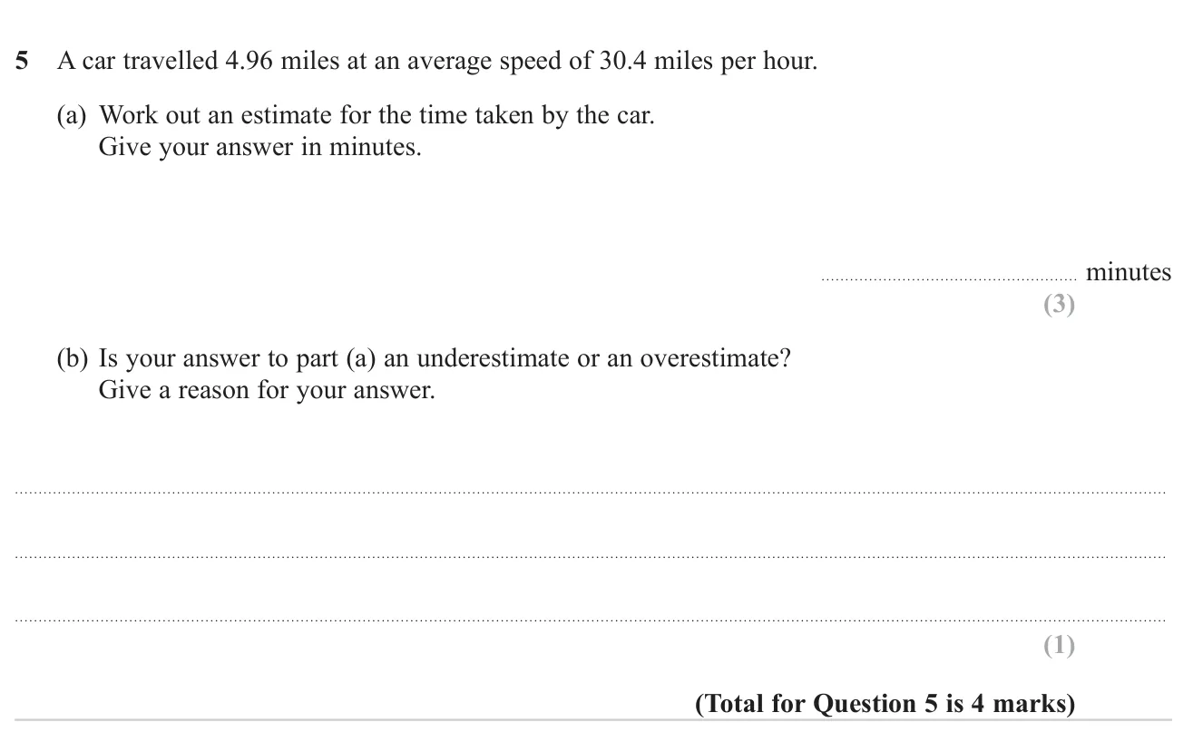 Estimate a journey time in minutes by rounding distance and speed, and say whether it is an over- or underestimate.