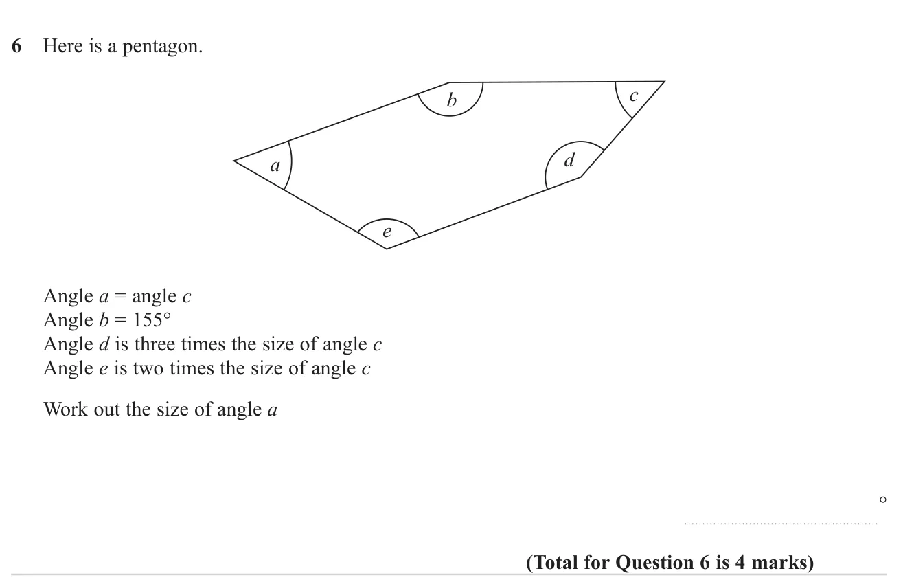 Use the angle sum of a pentagon with angles given in terms of one unknown to find that angle.