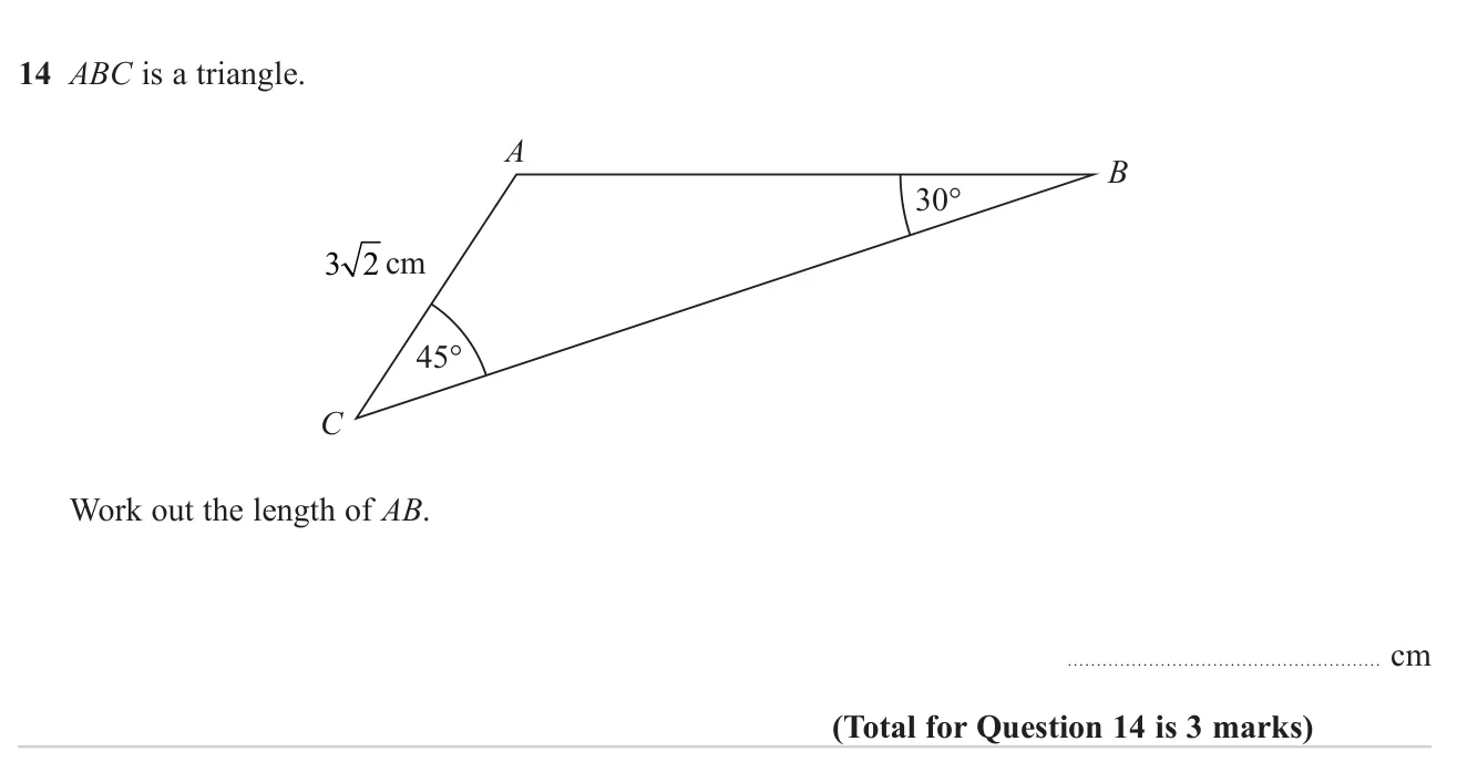 Use the sine rule with exact values of sin 30° and sin 45° to find a side of a triangle without a calculator.