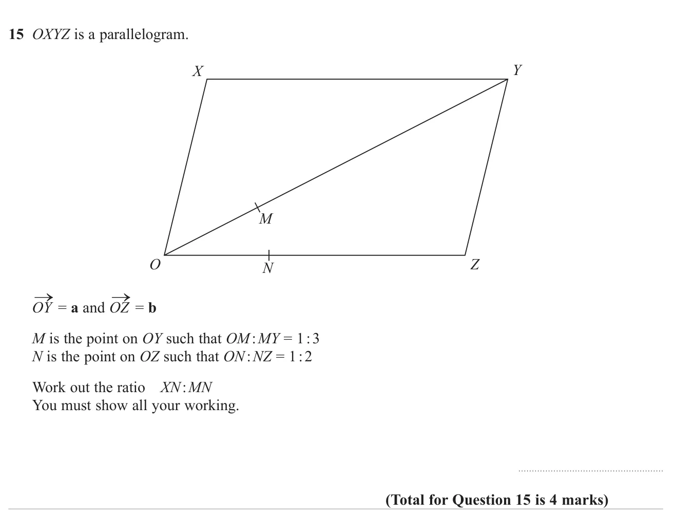 Use vectors in a parallelogram to find the ratio of two parallel line segments.