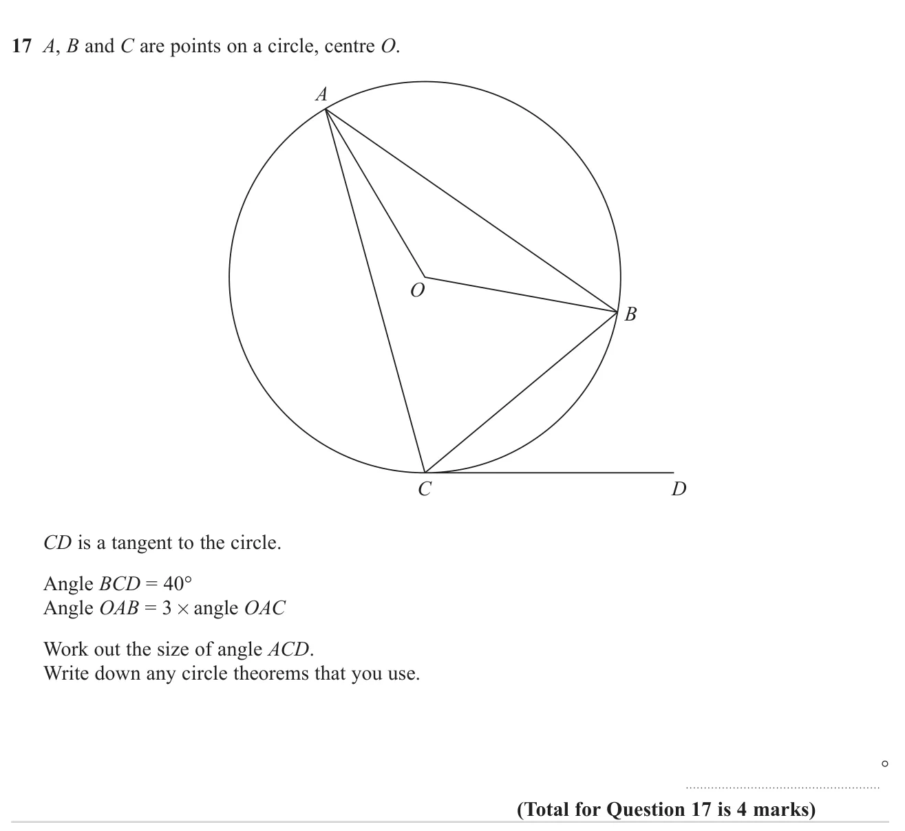 Find the angle between a chord and a tangent using circle theorems and an angle relationship at one point.
