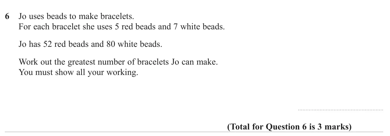 Find how many bracelets can be made from limited stocks of two colours of bead.