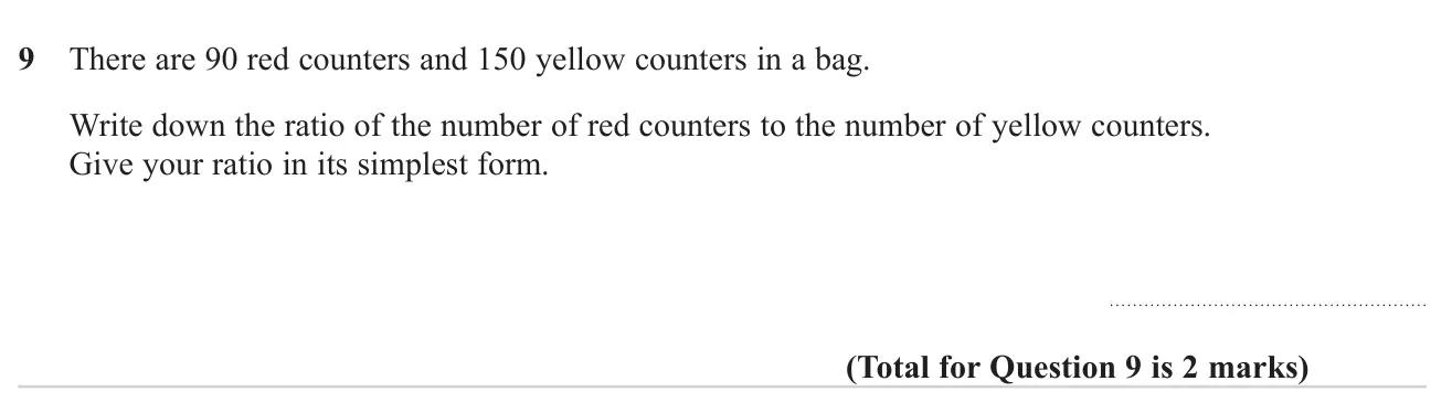 Write two counter amounts as a ratio in simplest form.