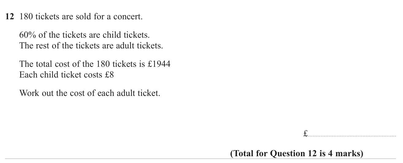 Use percentages of tickets sold and a total income to find the price of an adult ticket.