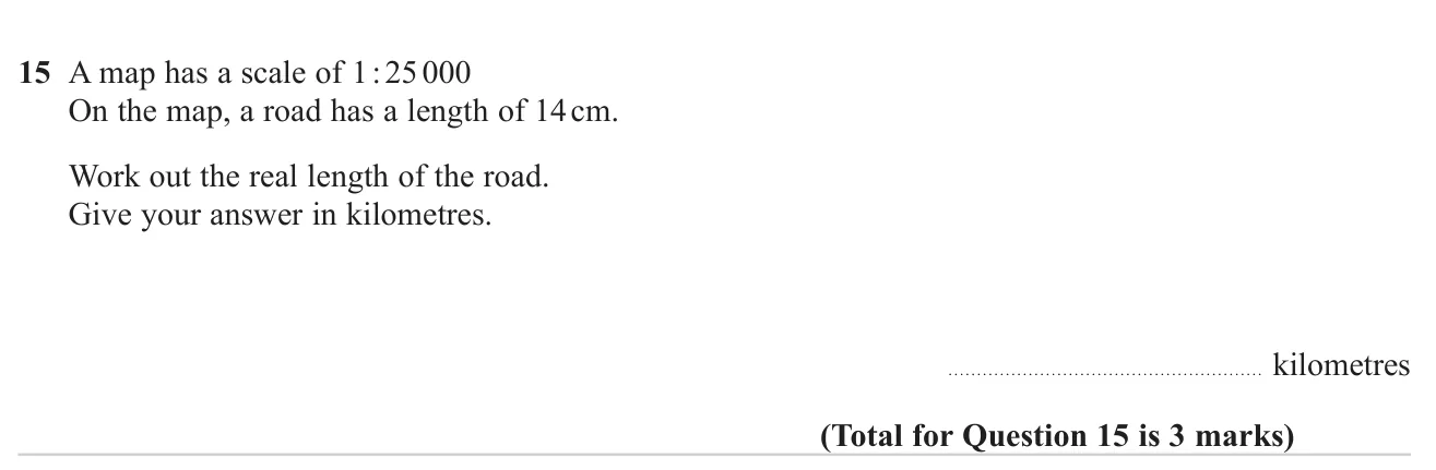 Use a map scale to find a real length in kilometres.