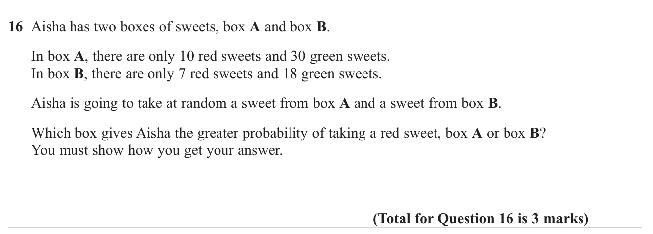 Compare the chance of picking a red sweet from two boxes.