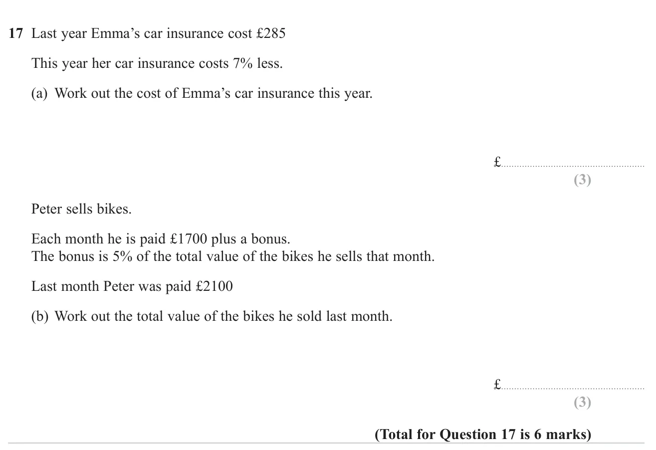 Apply a percentage decrease to a price and work back from a bonus percentage to a sales total.
