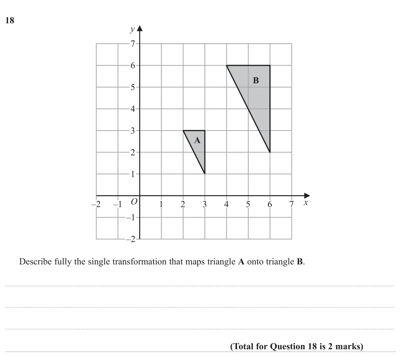 Describe the single transformation between two triangles on a grid.