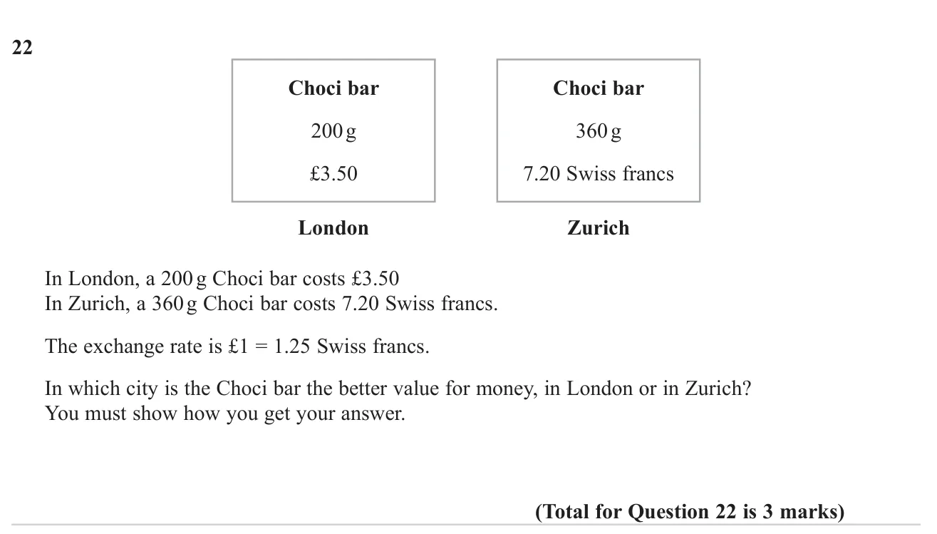 Decide which city's chocolate bar is better value using an exchange rate.