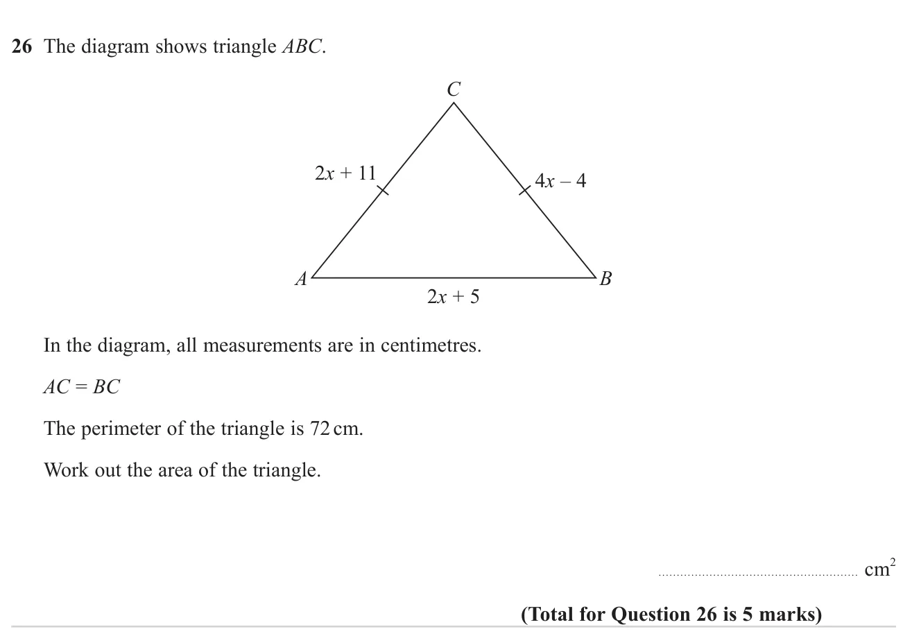 Use equal sides and a perimeter to find the side lengths of an isosceles triangle, then its area.