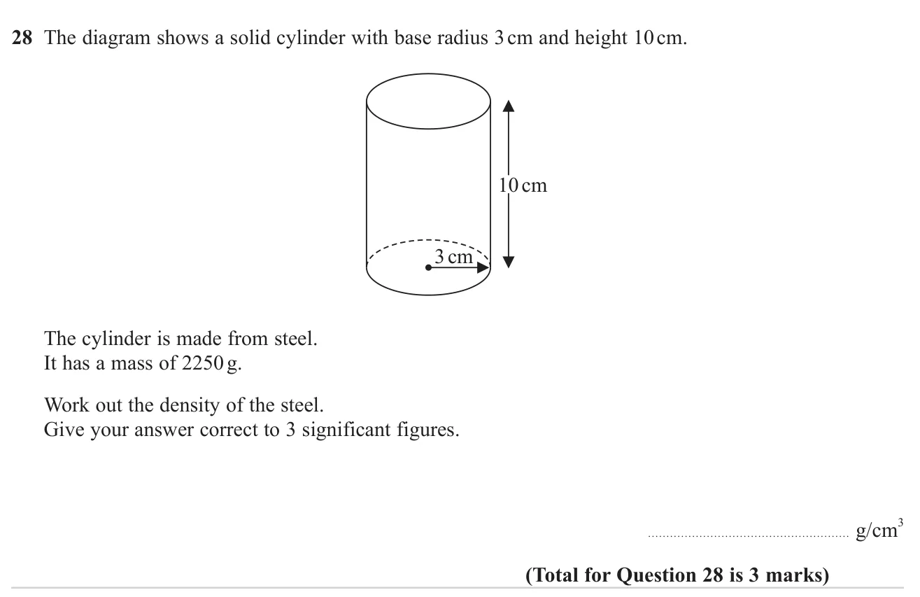 Find the density of a solid cylinder from its dimensions and mass.