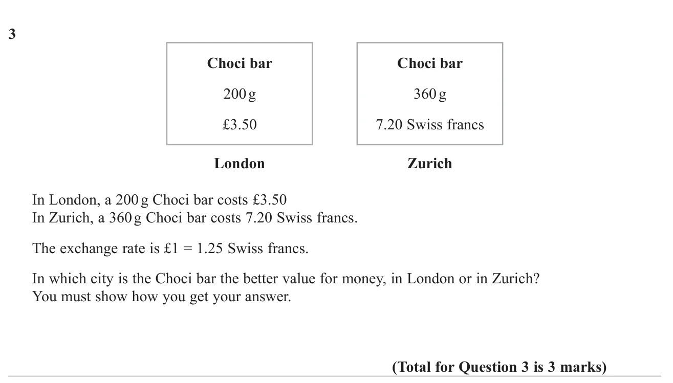 Decide which city's chocolate bar is better value using an exchange rate.