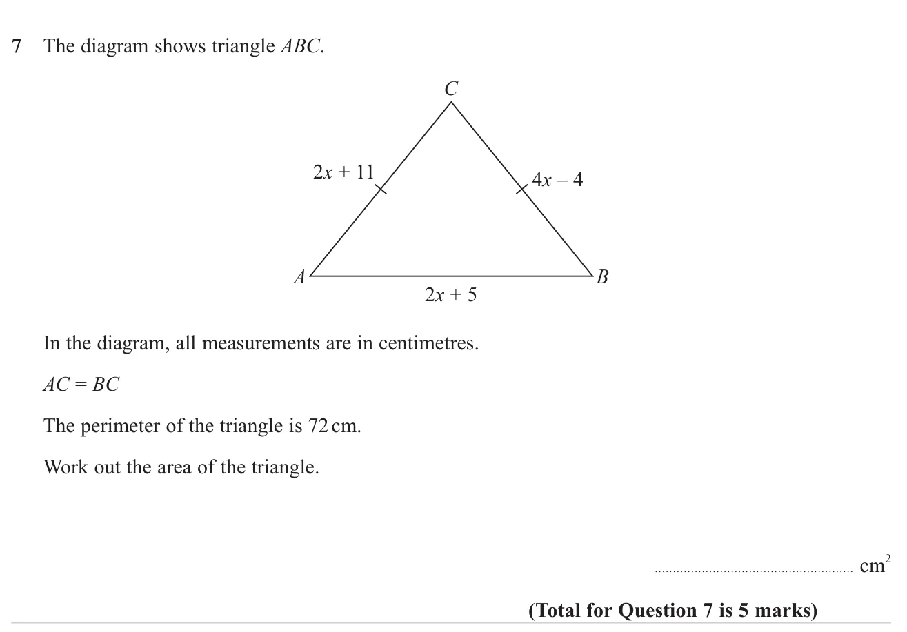 Use equal sides and a perimeter to find the side lengths of an isosceles triangle, then its area.