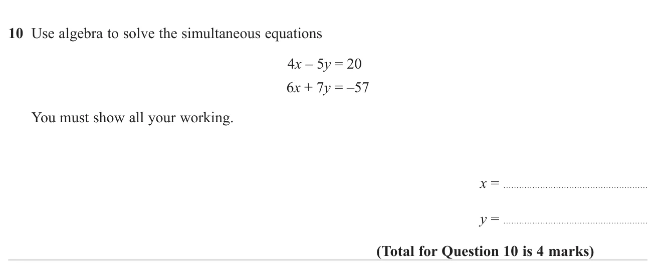 Solve a pair of linear simultaneous equations by elimination.