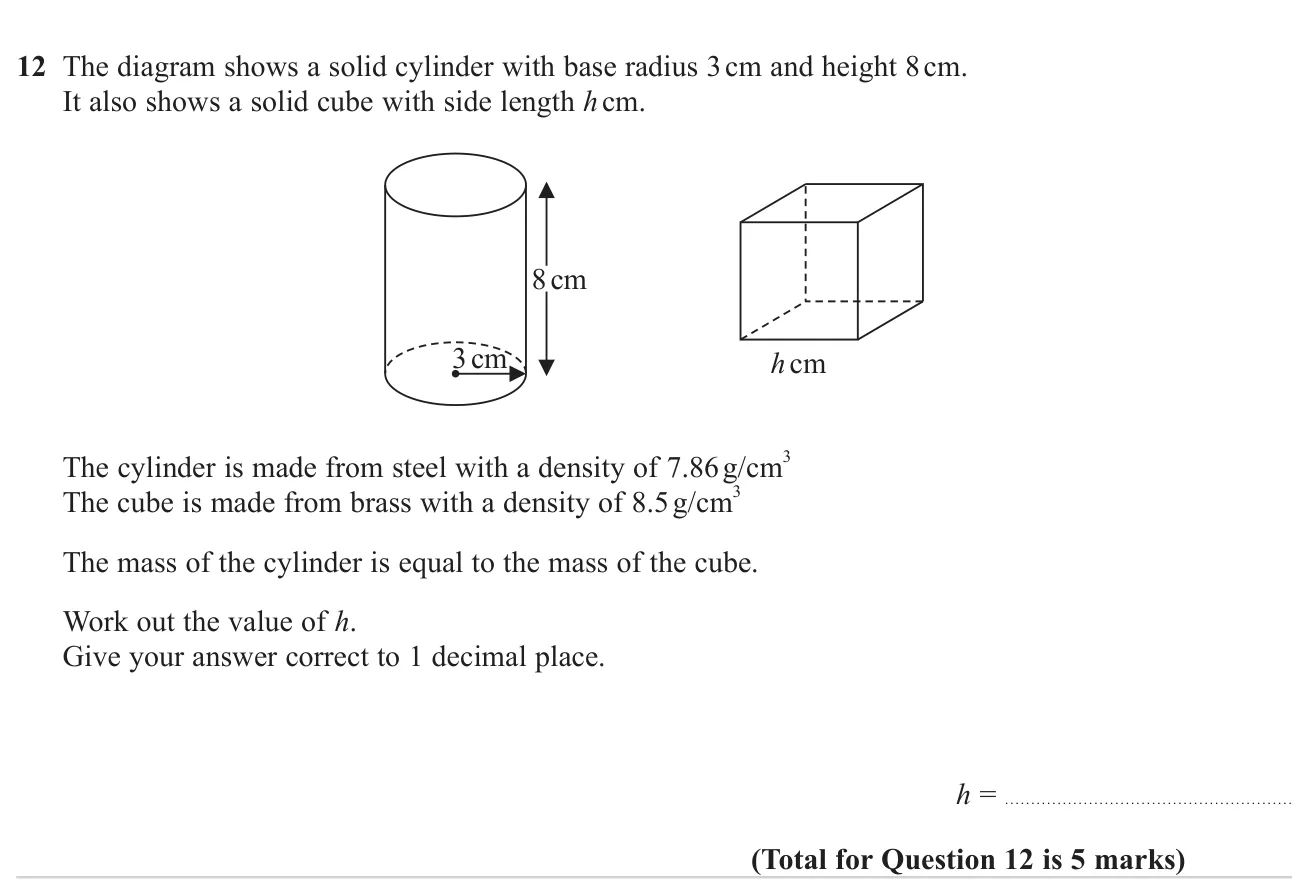 Equate the masses of a steel cylinder and a brass cube using densities to find the cube's side length.