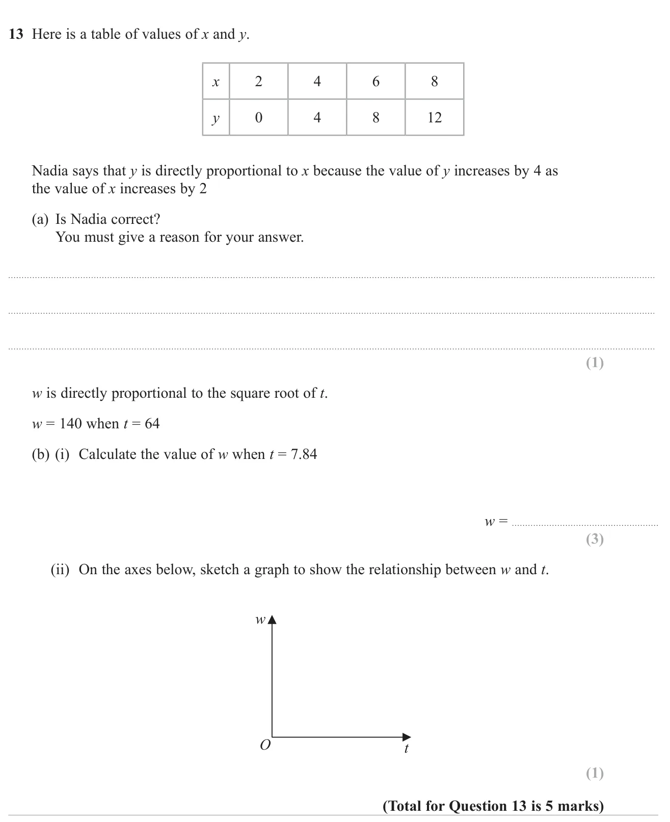 Judge whether a table shows direct proportion, then use a square-root proportion to find a value and sketch its graph.