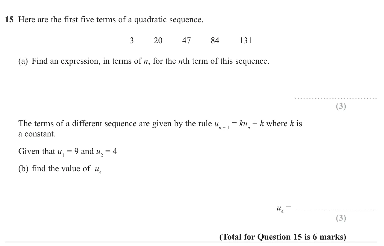 Find the nth term of a quadratic sequence, then use a recurrence rule with an unknown constant to find a later term.