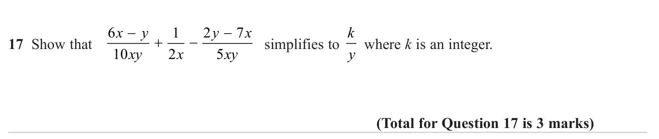 Combine three algebraic fractions into one and show the result is an integer over y.