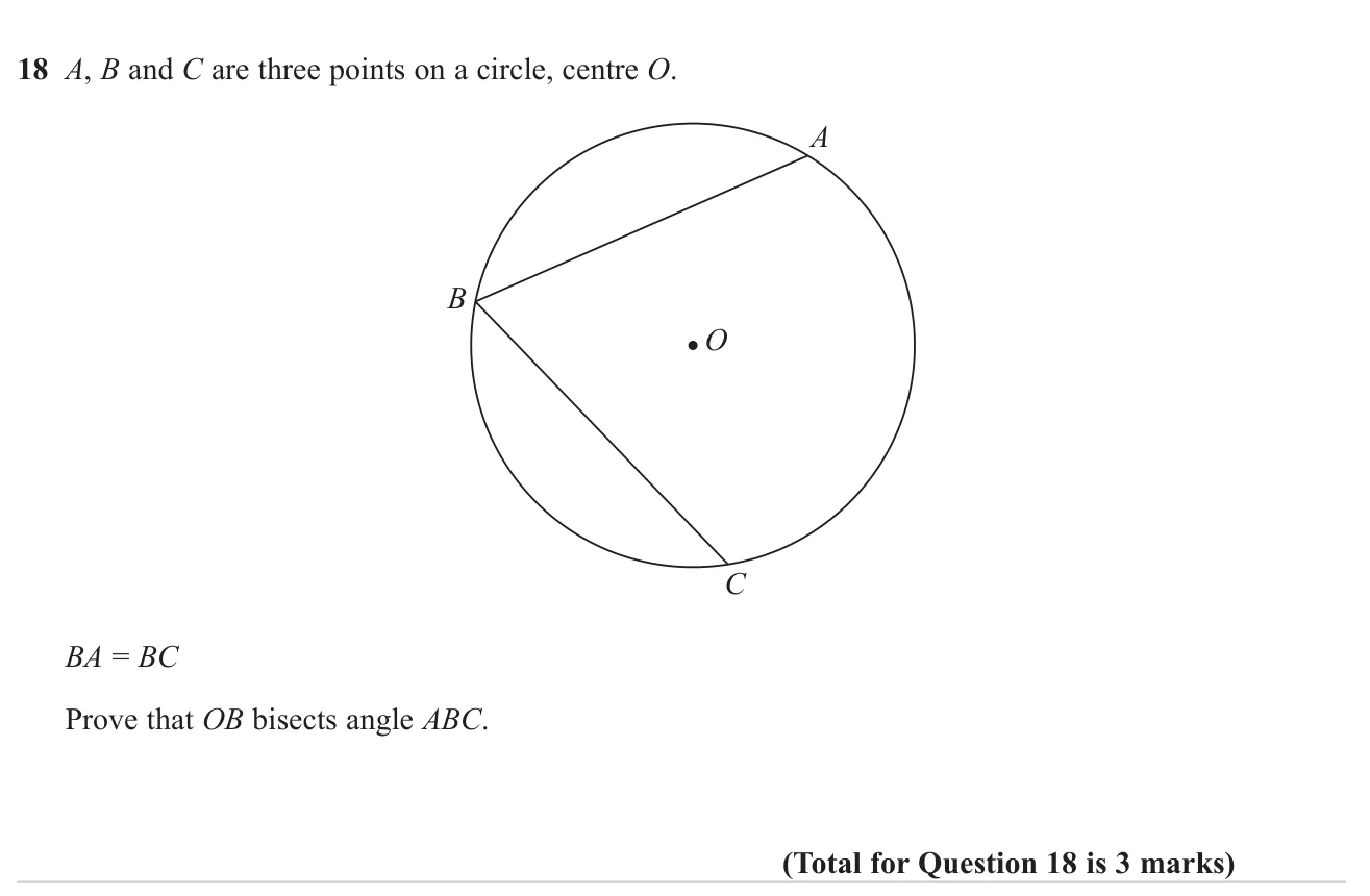 Prove that the line from the centre of a circle to a point equidistant from two others on the circle bisects the angle there.