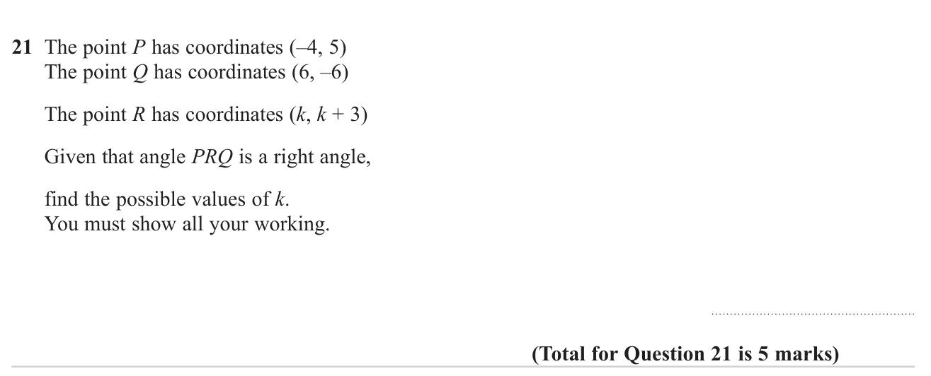 Find the possible values of k for a point R so that the angle at R, between lines to two given points, is a right angle.