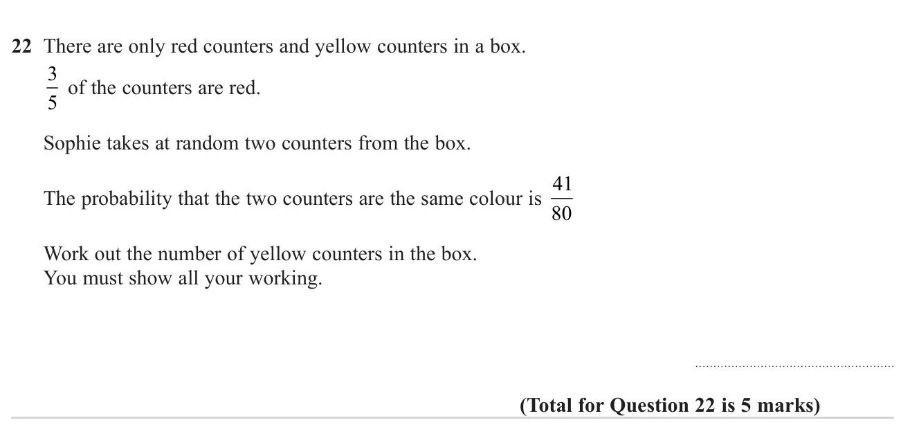 Given the fraction of red counters and the chance two picked without replacement match in colour, find how many yellow counters there are.