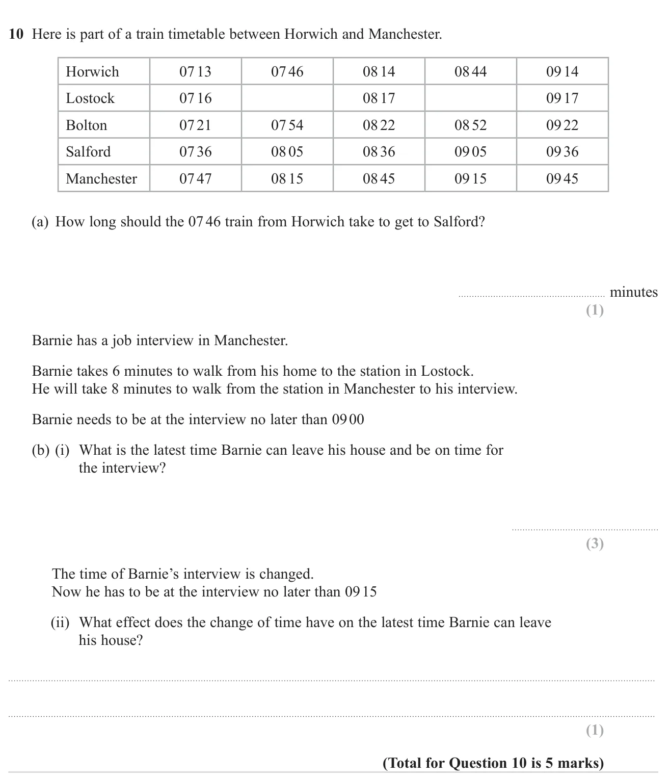 Read a train timetable to find a journey time and the latest time to leave home to arrive on time.
